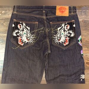 Ed Hardy Vintage Embroidered Spellout Snake and Panther Face Jeans